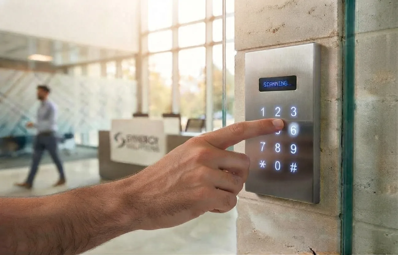 Hand entering a code on a keypad access control reader in an office lobby