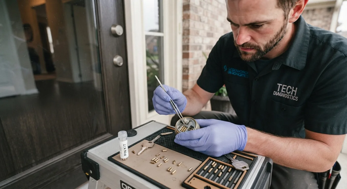 Locksmith repinning a lock cylinder with a pin kit during a rekey